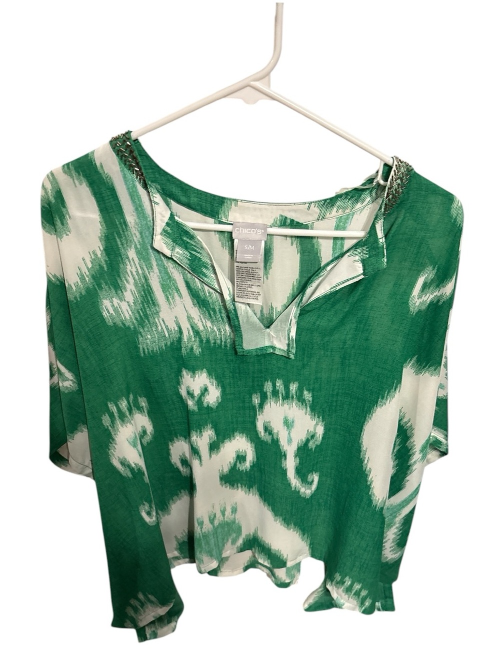 Chico's Green and White Ikat V-Notch Tunic